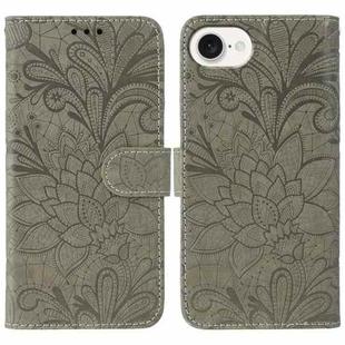 For iPhone 16e Lace Flower Embossing Flip Leather Phone Case(Grey)
