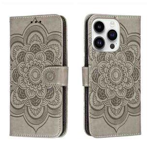 For iPhone 15 Pro Max Sun Mandala Embossing Leather Phone Case(Grey)