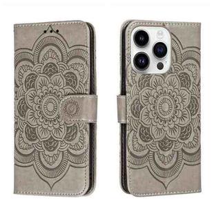 For iPhone 15 Pro Sun Mandala Embossing Leather Phone Case(Grey)