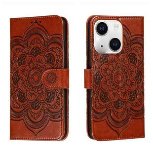For iPhone 15 Plus Sun Mandala Embossing Leather Phone Case(Brown)