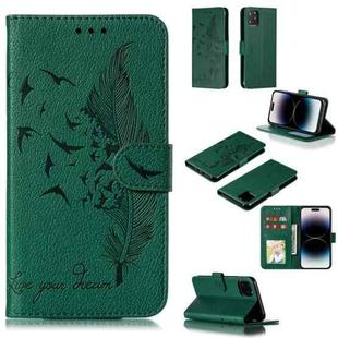 For iPhone 15 Pro Max Feather Pattern Litchi Texture Leather Phone Case(Green)