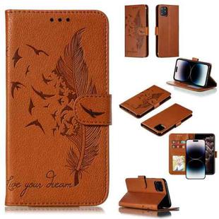 For iPhone 15 Pro Max Feather Pattern Litchi Texture Leather Phone Case(Brown)