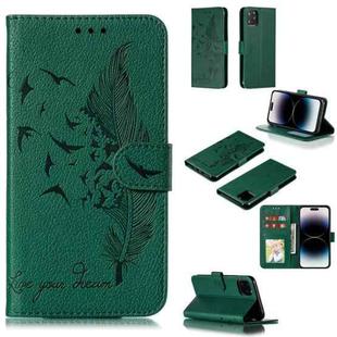 For iPhone 15 Pro Feather Pattern Litchi Texture Leather Phone Case(Green)