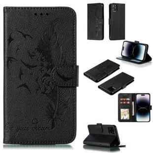 For iPhone 15 Pro Feather Pattern Litchi Texture Leather Phone Case(Black)