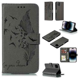 For iPhone 15 Pro Feather Pattern Litchi Texture Leather Phone Case(Gray)