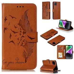 For iPhone 15 Plus Feather Pattern Litchi Texture Leather Phone Case(Brown)