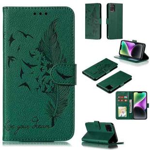 For iPhone 15 Feather Pattern Litchi Texture Leather Phone Case(Green)