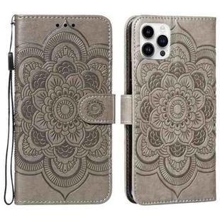 For iPhone 15 Pro Max Mandala Embossing Pattern Horizontal Flip Leather Phone Case(Gray)