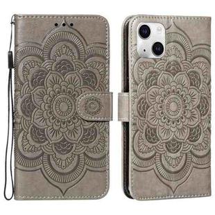 For iPhone 15 Mandala Embossing Pattern Horizontal Flip Leather Phone Case(Gray)