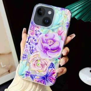 For iPhone 15 Plus Electroplated Color Film TPU + PC Phone Case(Purple Flowers)
