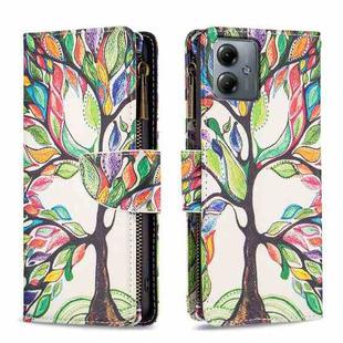 For Motorola Moto G14 4G Colored Drawing Pattern Zipper Leather Phone Case(Big Tree)