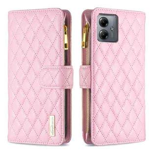 For Motorola Moto G14 4G Diamond Lattice Zipper Wallet Leather Flip Phone Case(Pink)