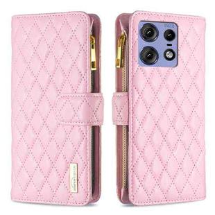 For Motorola Edge 50 Pro 5G Diamond Lattice Zipper Wallet Leather Flip Phone Case(Pink)