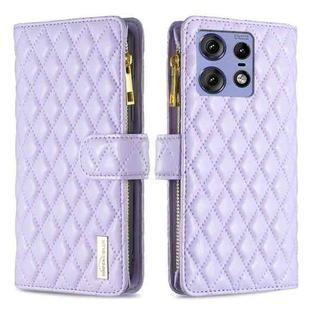 For Motorola Edge 50 Pro 5G Diamond Lattice Zipper Wallet Leather Flip Phone Case(Purple)