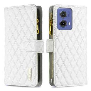 For Motorola Moto G85 Diamond Lattice Zipper Wallet Leather Flip Phone Case(White)