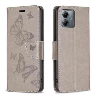 For Motorola Moto G14 4G Embossing Two Butterflies Pattern Leather Phone Case(Grey)
