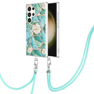 For Samsung Galaxy S24 Ultra 5G Electroplating Splicing Marble Flower IMD TPU Phone Case with Lanyard(Blue Flower)