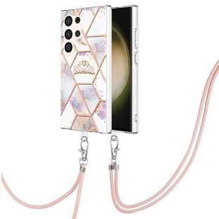 For Samsung Galaxy S24 Ultra 5G Electroplating Splicing Marble Flower IMD TPU Phone Case with Lanyard(Crown)