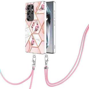 For Samsung Galaxy S25 Ultra 5G Electroplating Splicing Marble Flower IMD TPU Phone Case with Lanyard(Pink Flower)
