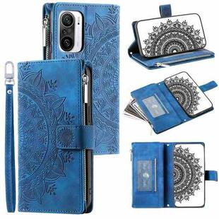 For Xiaomi Redmi K40 Multi-Card Totem Zipper Leather Phone Case(Blue)
