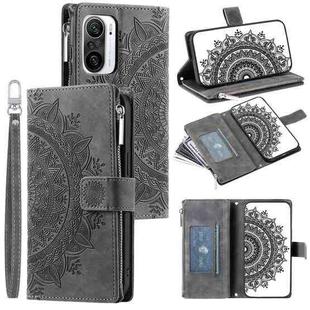 For Xiaomi Redmi K40 Multi-Card Totem Zipper Leather Phone Case(Grey)