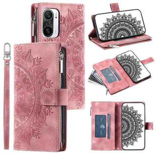 For Xiaomi Redmi K40 Multi-Card Totem Zipper Leather Phone Case(Pink)