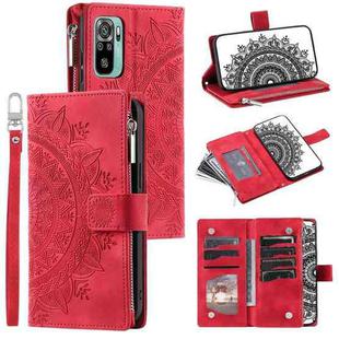 For Xiaomi Redmi Note 10 4G Multi-Card Totem Zipper Leather Phone Case(Red)