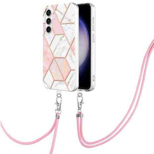 For Samsung Galaxy S23 FE 5G Electroplating IMD Splicing Dual-side Marble TPU Phone Case with Lanyard(Pink White)