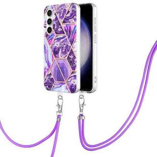For Samsung Galaxy S23 FE 5G Electroplating IMD Splicing Dual-side Marble TPU Phone Case with Lanyard(Dark Purple)
