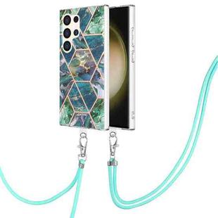 For Samsung Galaxy S24 Ultra 5G Electroplating IMD Splicing Dual-side Marble TPU Phone Case with Lanyard(Blue Green)