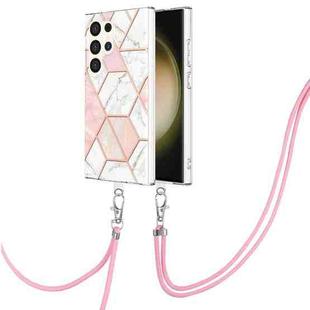 For Samsung Galaxy S24 Ultra 5G Electroplating IMD Splicing Dual-side Marble TPU Phone Case with Lanyard(Pink White)