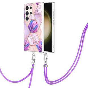 For Samsung Galaxy S24 Ultra 5G Electroplating IMD Splicing Dual-side Marble TPU Phone Case with Lanyard(Light Purple)