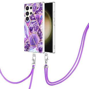 For Samsung Galaxy S24 Ultra 5G Electroplating IMD Splicing Dual-side Marble TPU Phone Case with Lanyard(Dark Purple)