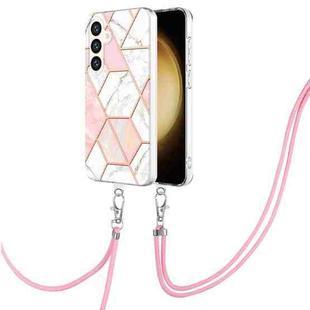 For Samsung Galaxy S24 5G Electroplating IMD Splicing Dual-side Marble TPU Phone Case with Lanyard(Pink White)