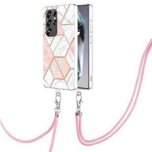 For Samsung Galaxy S25 Ultra 5G Electroplating IMD Splicing Dual-side Marble TPU Phone Case with Lanyard(Pink White)
