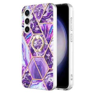 For Samsung Galaxy S23 FE 5G Splicing Marble Flower IMD TPU Phone Case Ring Holder(Dark Purple)