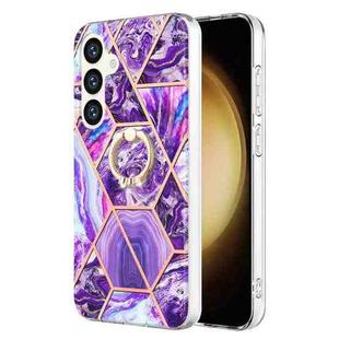 For Samsung Galaxy S24+ 5G Splicing Marble Flower IMD TPU Phone Case Ring Holder(Dark Purple)