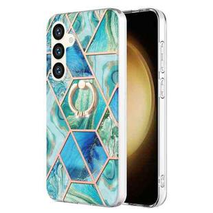 For Samsung Galaxy S24 5G Splicing Marble Flower IMD TPU Phone Case Ring Holder(Green)