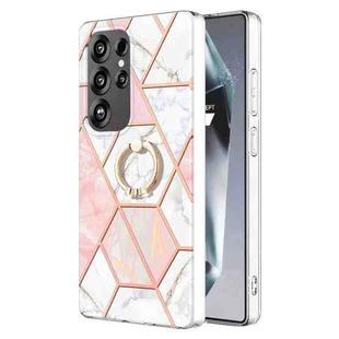 For Samsung Galaxy S25 Ultra 5G Splicing Marble Flower IMD TPU Phone Case Ring Holder(Pink White)