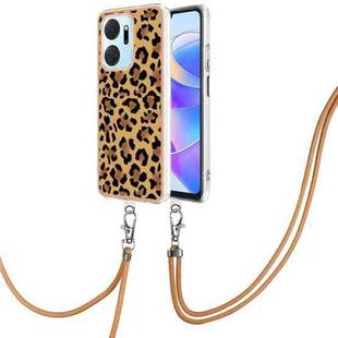 For Honor X7a Electroplating Dual-side IMD Phone Case with Lanyard(Leopard Print)