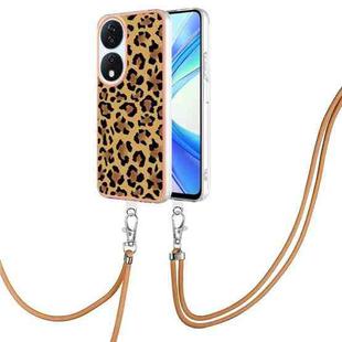 For Honor X7b 4G / 5G Electroplating Dual-side IMD Phone Case with Lanyard(Leopard Print)