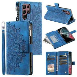 For Samsung Galaxy S22 Ultra 5G Multi-Card Totem Zipper Leather Phone Case(Blue)