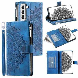 For Samsung Galaxy S22 5G Multi-Card Totem Zipper Leather Phone Case(Blue)