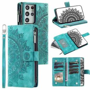 For Samsung Galaxy S21 Ultra 5G Multi-Card Totem Zipper Leather Phone Case(Green)