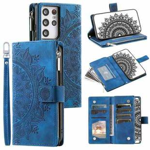 For Samsung Galaxy S21 Ultra 5G Multi-Card Totem Zipper Leather Phone Case(Blue)
