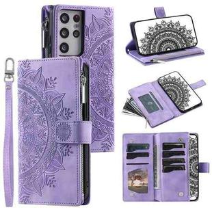 For Samsung Galaxy S21 Ultra 5G Multi-Card Totem Zipper Leather Phone Case(Purple)