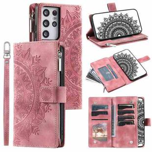For Samsung Galaxy S21 Ultra 5G Multi-Card Totem Zipper Leather Phone Case(Pink)
