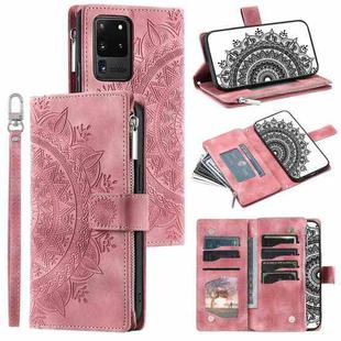 For Samsung Galaxy S20 Ultra Multi-Card Totem Zipper Leather Phone Case(Pink)