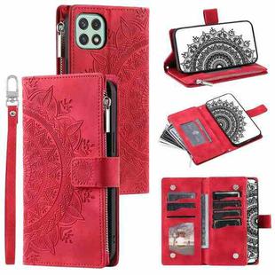 For Samsung Galaxy A22 5G Multi-Card Totem Zipper Leather Phone Case(Red)