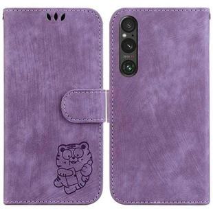 For Sony Xperia 1 V Little Tiger Embossed Leather Phone Case(Purple)